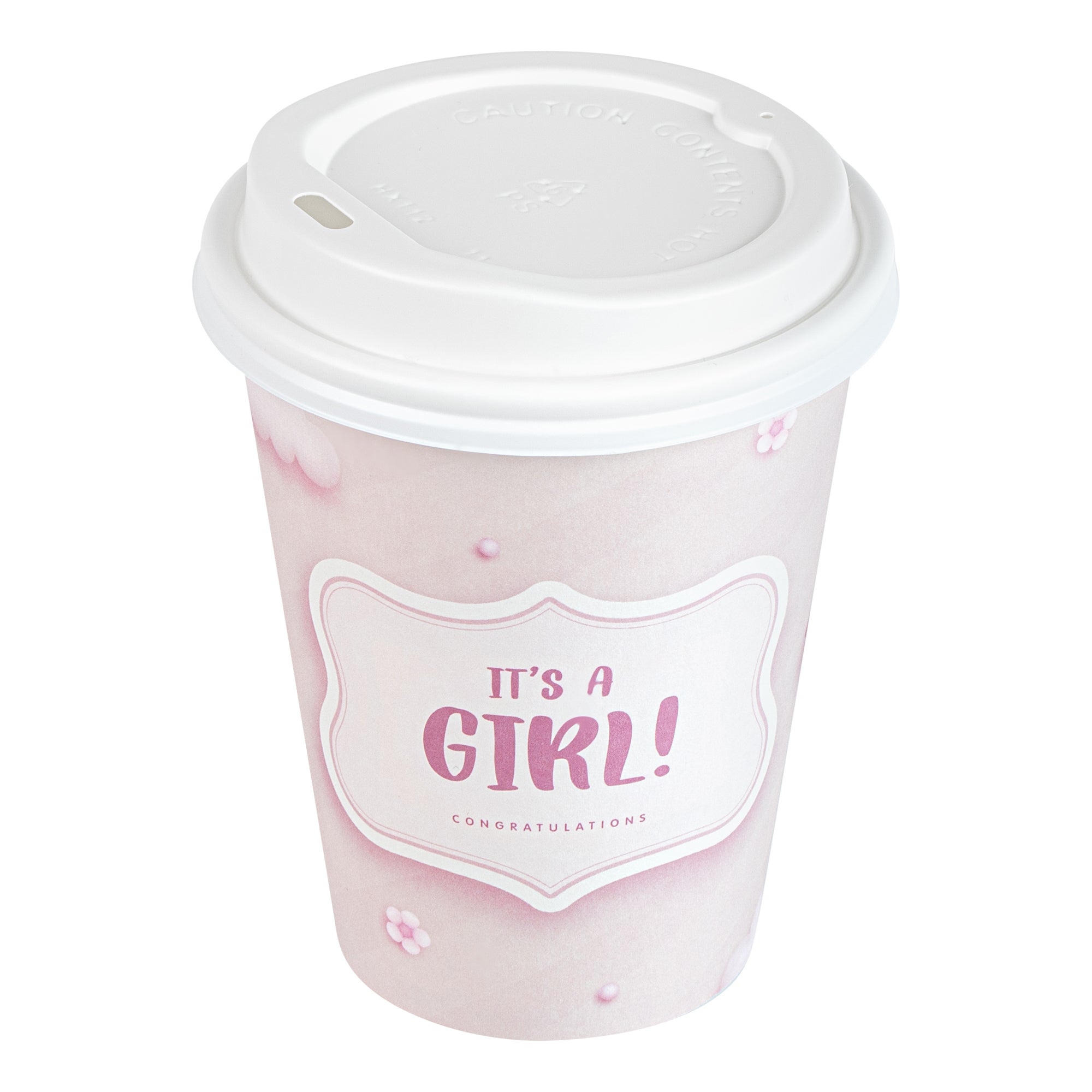 Restpresso 12 oz It's a Girl Paper Single Wall Coffee Cup - with White Lid - 3 1/2" x 3 1/2" x 4 3/4" - 20 count box