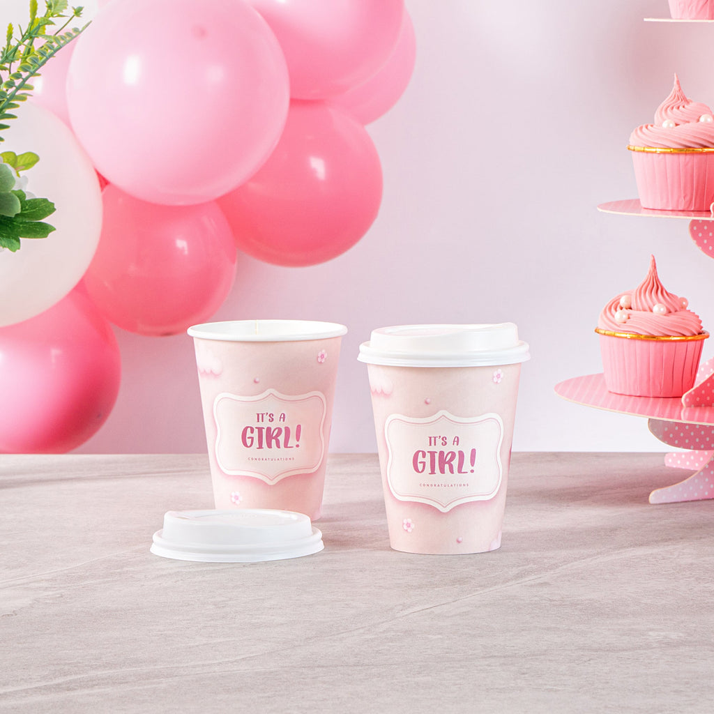 Restpresso 12 oz It's a Girl Paper Single Wall Coffee Cup - with White Lid - 3 1/2" x 3 1/2" x 4 3/4" - 20 count box