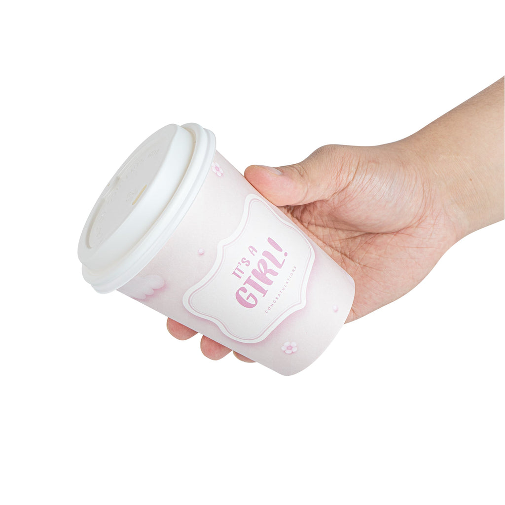 Restpresso 12 oz It's a Girl Paper Single Wall Coffee Cup - with White Lid - 3 1/2" x 3 1/2" x 4 3/4" - 20 count box