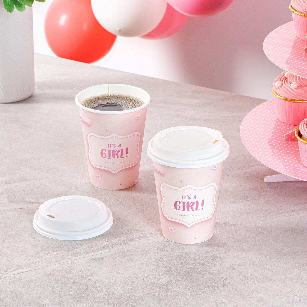 Restpresso 12 oz It's a Girl Paper Single Wall Coffee Cup - with White Lid - 3 1/2" x 3 1/2" x 4 3/4" - 20 count box