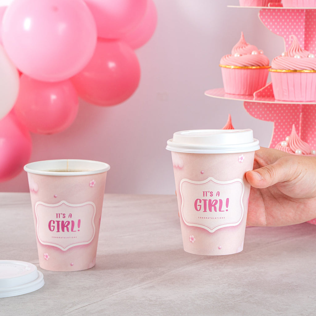 Restpresso 12 oz It's a Girl Paper Single Wall Coffee Cup - with White Lid - 3 1/2" x 3 1/2" x 4 3/4" - 20 count box