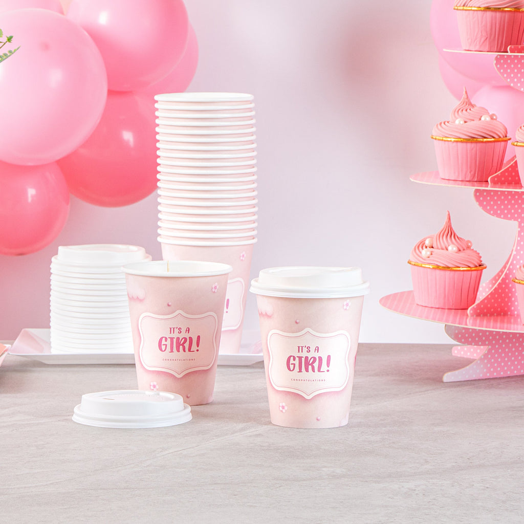 Restpresso 12 oz It's a Girl Paper Single Wall Coffee Cup - with White Lid - 3 1/2" x 3 1/2" x 4 3/4" - 20 count box