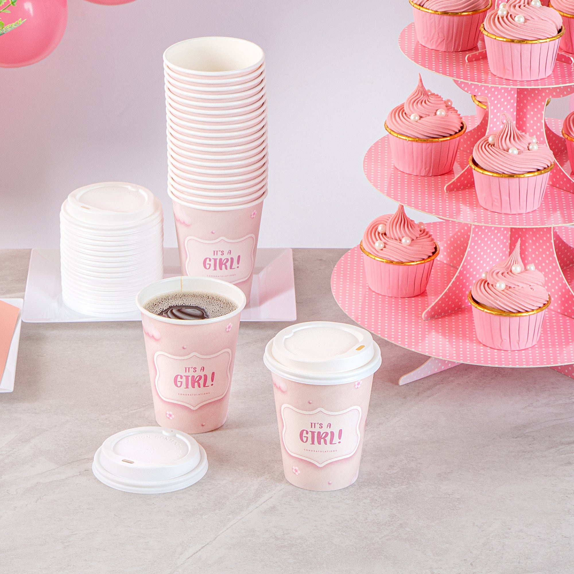 Restpresso 12 oz It's a Girl Paper Single Wall Coffee Cup - with White Lid - 3 1/2" x 3 1/2" x 4 3/4" - 20 count box