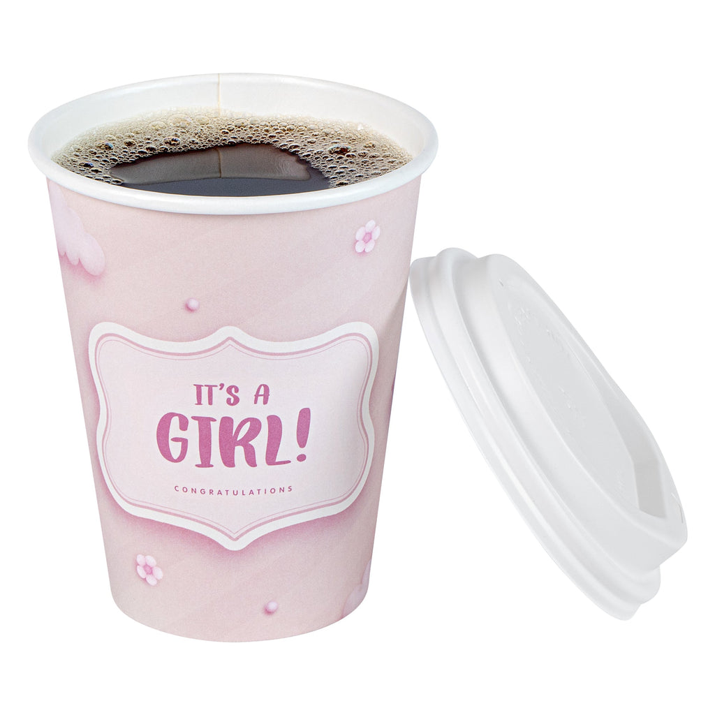 Restpresso 12 oz It's a Girl Paper Single Wall Coffee Cup - with White Lid - 3 1/2" x 3 1/2" x 4 3/4" - 400 count box