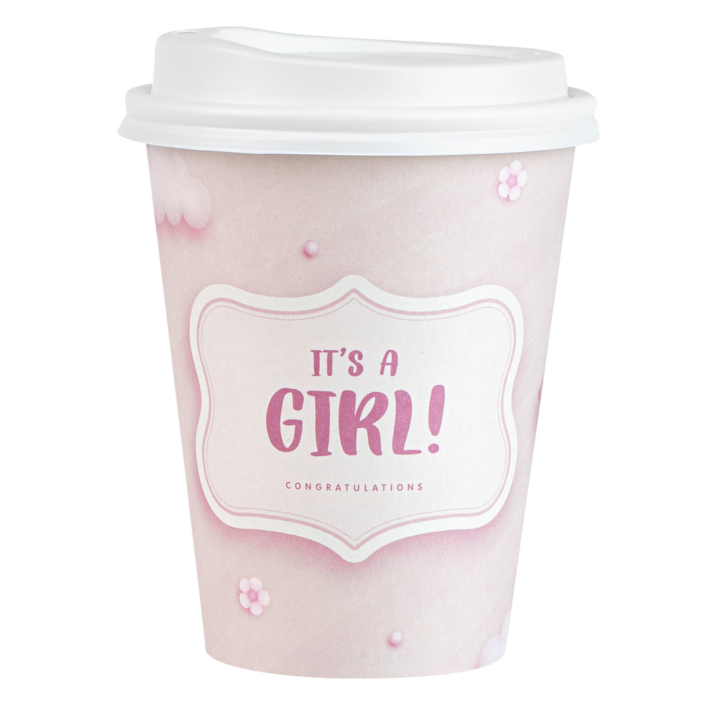 Restpresso 12 oz It's a Girl Paper Single Wall Coffee Cup - with White Lid - 3 1/2" x 3 1/2" x 4 3/4" - 400 count box