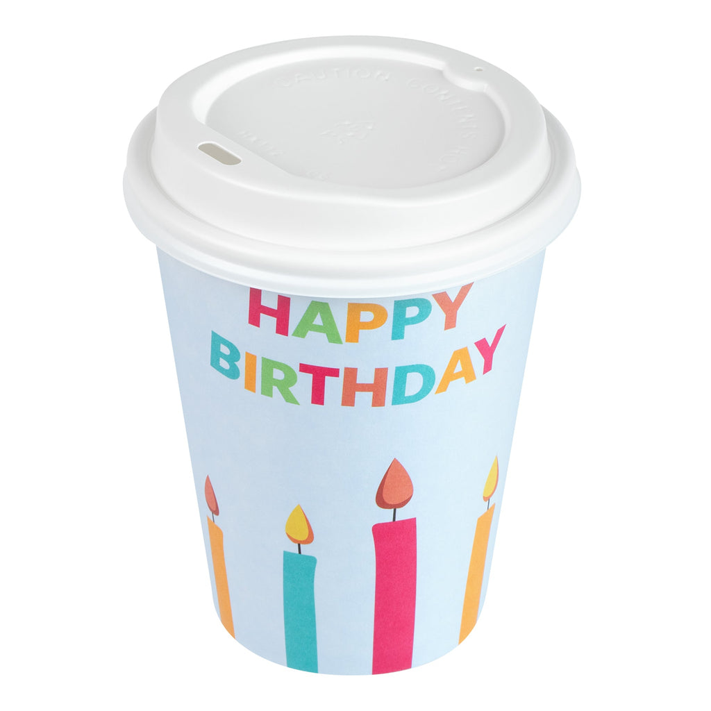 Restpresso 12 oz Happy Birthday Paper Single Wall Coffee Cup - with White Lid - 3 1/2" x 3 1/2" x 4 3/4" - 400 count box