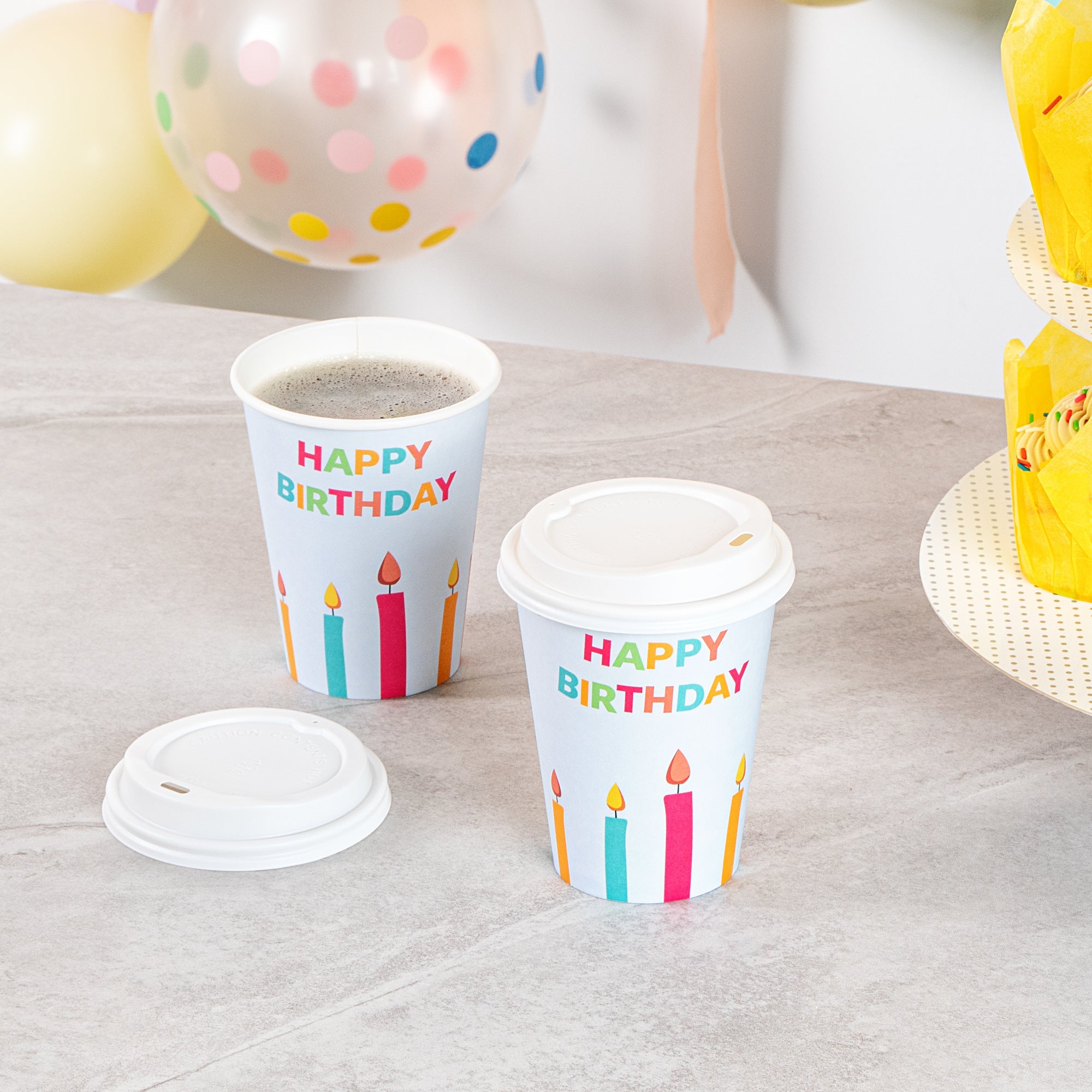 Restpresso 12 oz Happy Birthday Paper Single Wall Coffee Cup - with White Lid - 3 1/2" x 3 1/2" x 4 3/4" - 20 count box