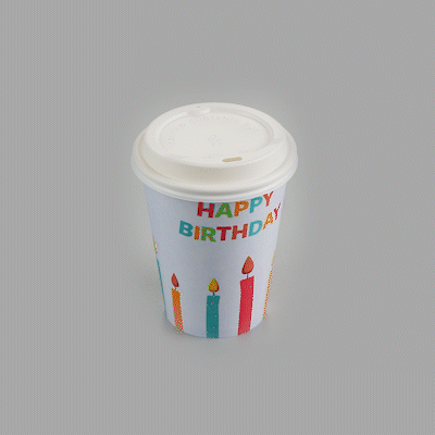 Restpresso 12 oz Happy Birthday Paper Single Wall Coffee Cup - with White Lid - 3 1/2" x 3 1/2" x 4 3/4" - 20 count box