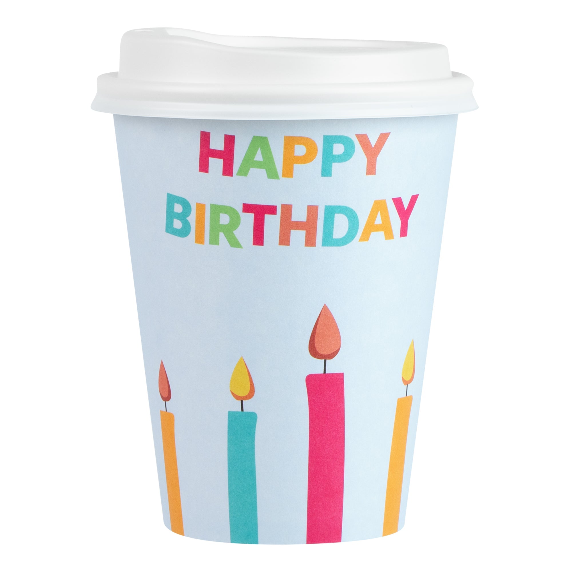 Restpresso 12 oz Happy Birthday Paper Single Wall Coffee Cup - with White Lid - 3 1/2" x 3 1/2" x 4 3/4" - 20 count box