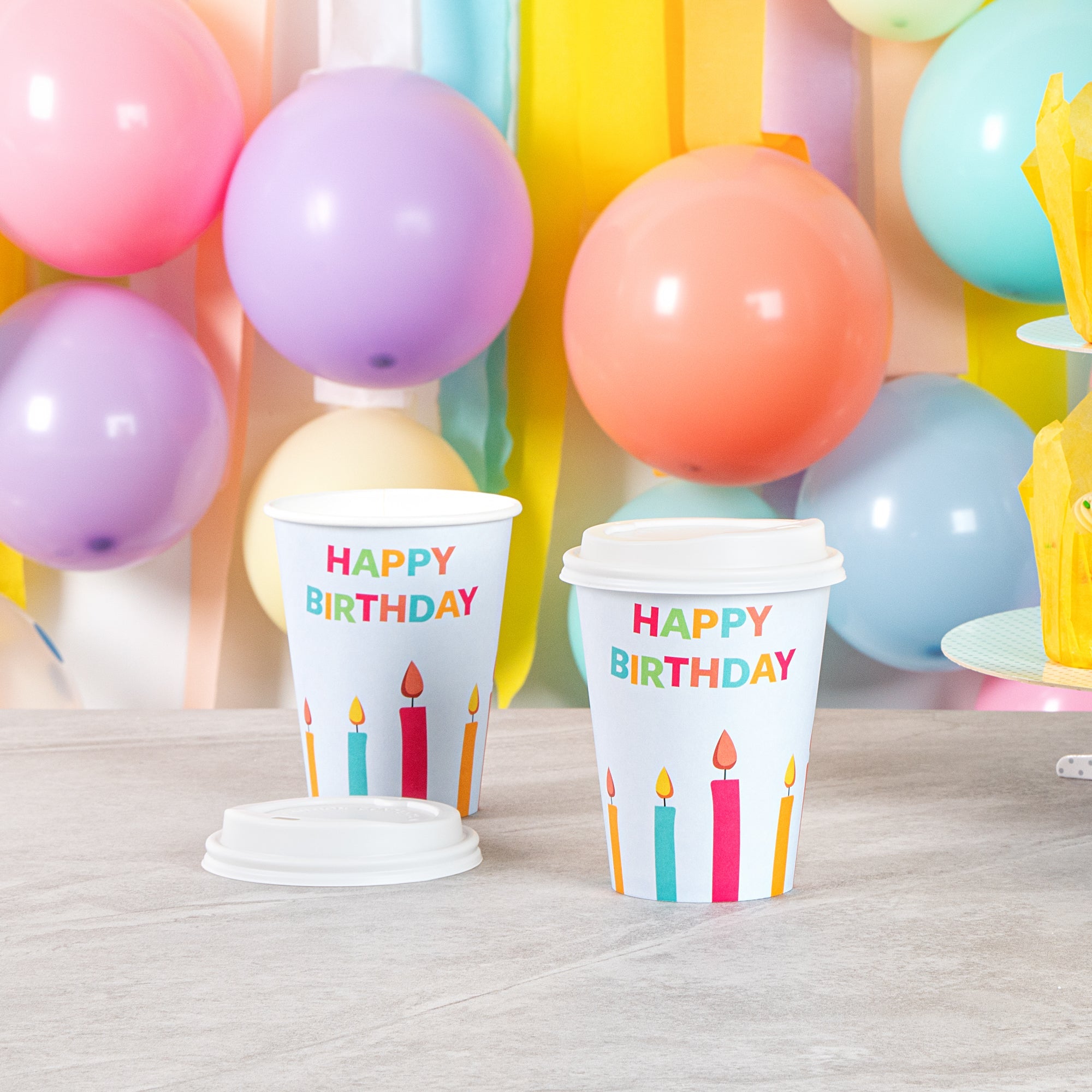 Restpresso 12 oz Happy Birthday Paper Single Wall Coffee Cup - with White Lid - 3 1/2" x 3 1/2" x 4 3/4" - 20 count box