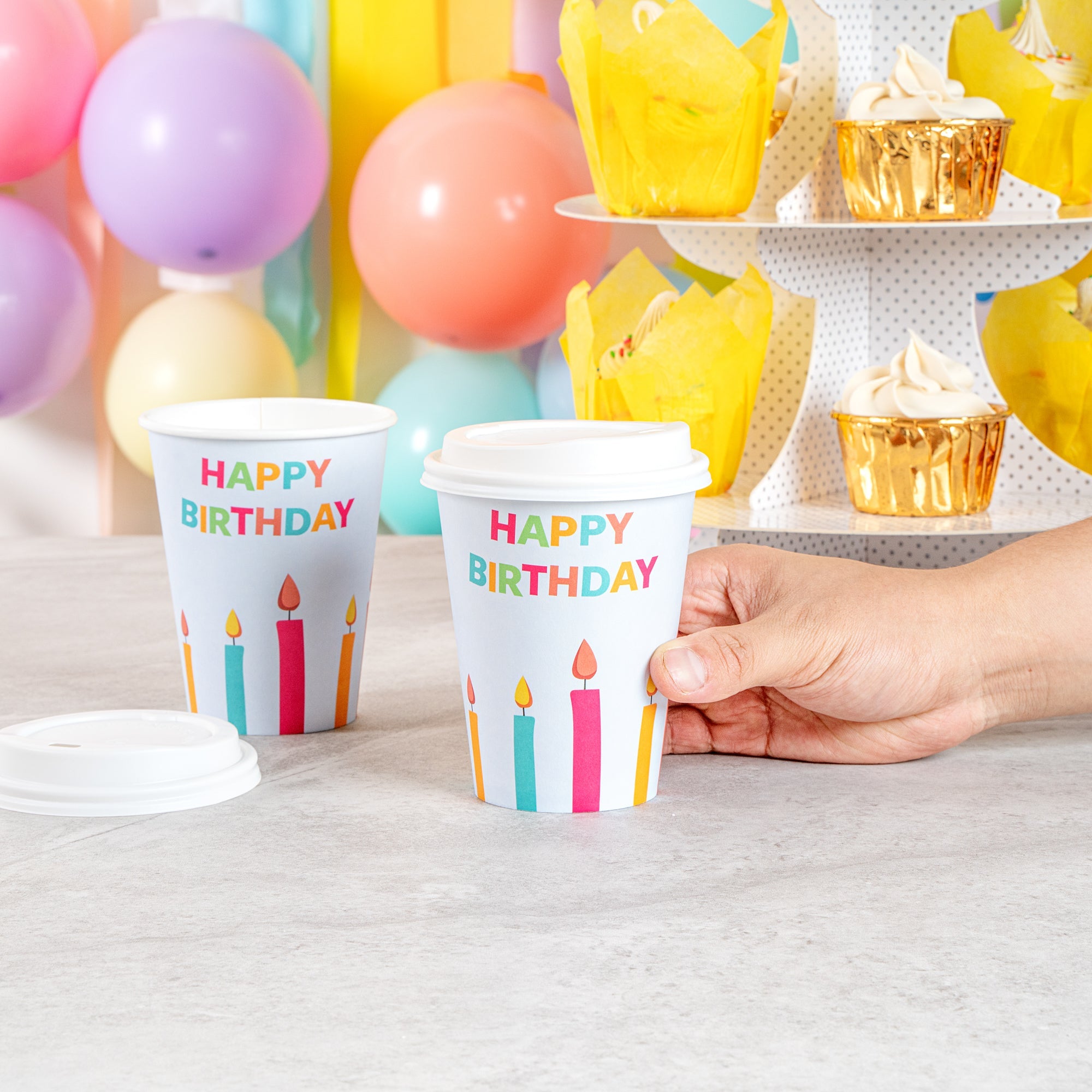 Restpresso 12 oz Happy Birthday Paper Single Wall Coffee Cup - with White Lid - 3 1/2" x 3 1/2" x 4 3/4" - 20 count box