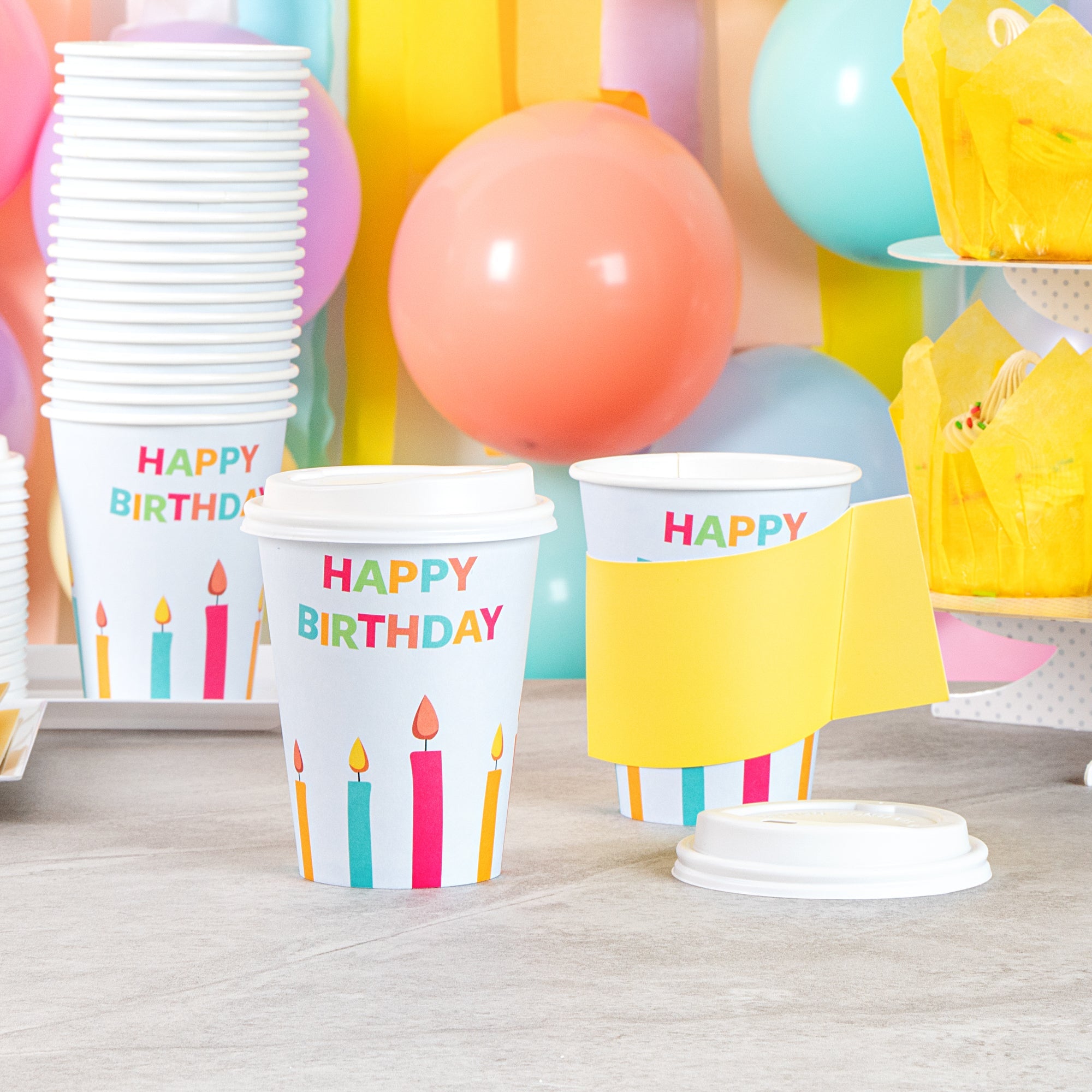 Restpresso 12 oz Happy Birthday Paper Single Wall Coffee Cup - with White Lid - 3 1/2" x 3 1/2" x 4 3/4" - 20 count box