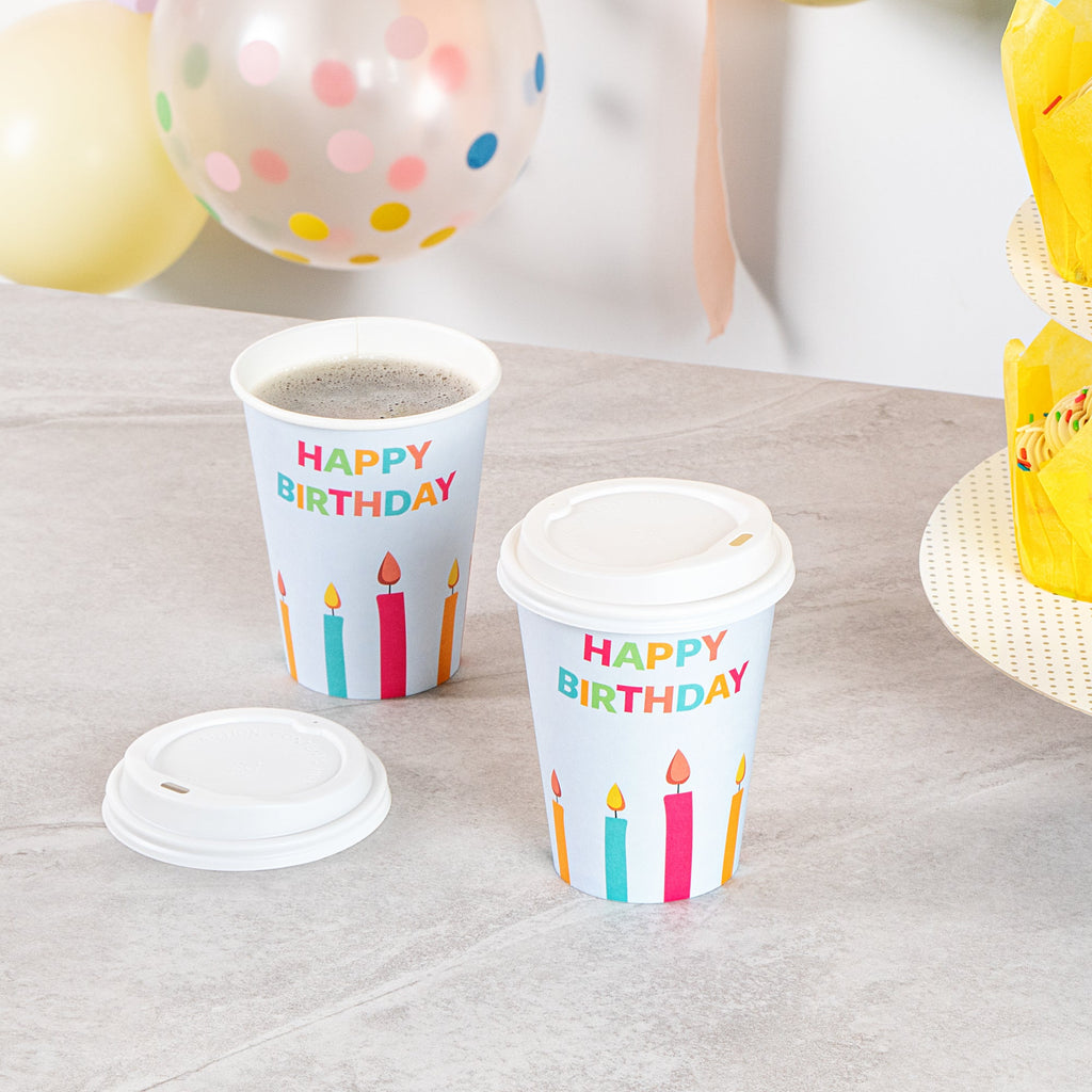 Restpresso 12 oz Happy Birthday Paper Single Wall Coffee Cup - with White Lid - 3 1/2" x 3 1/2" x 4 3/4" - 400 count box