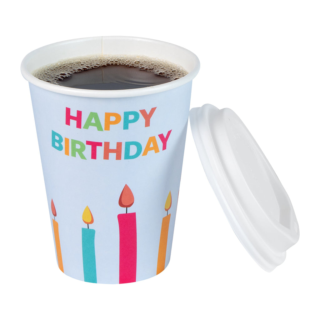 Restpresso 12 oz Happy Birthday Paper Single Wall Coffee Cup - with White Lid - 3 1/2" x 3 1/2" x 4 3/4" - 400 count box