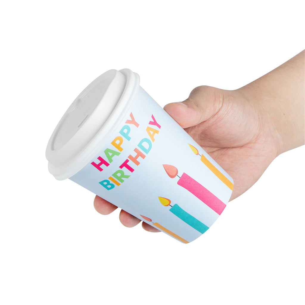 Restpresso 12 oz Happy Birthday Paper Single Wall Coffee Cup - with White Lid - 3 1/2" x 3 1/2" x 4 3/4" - 400 count box