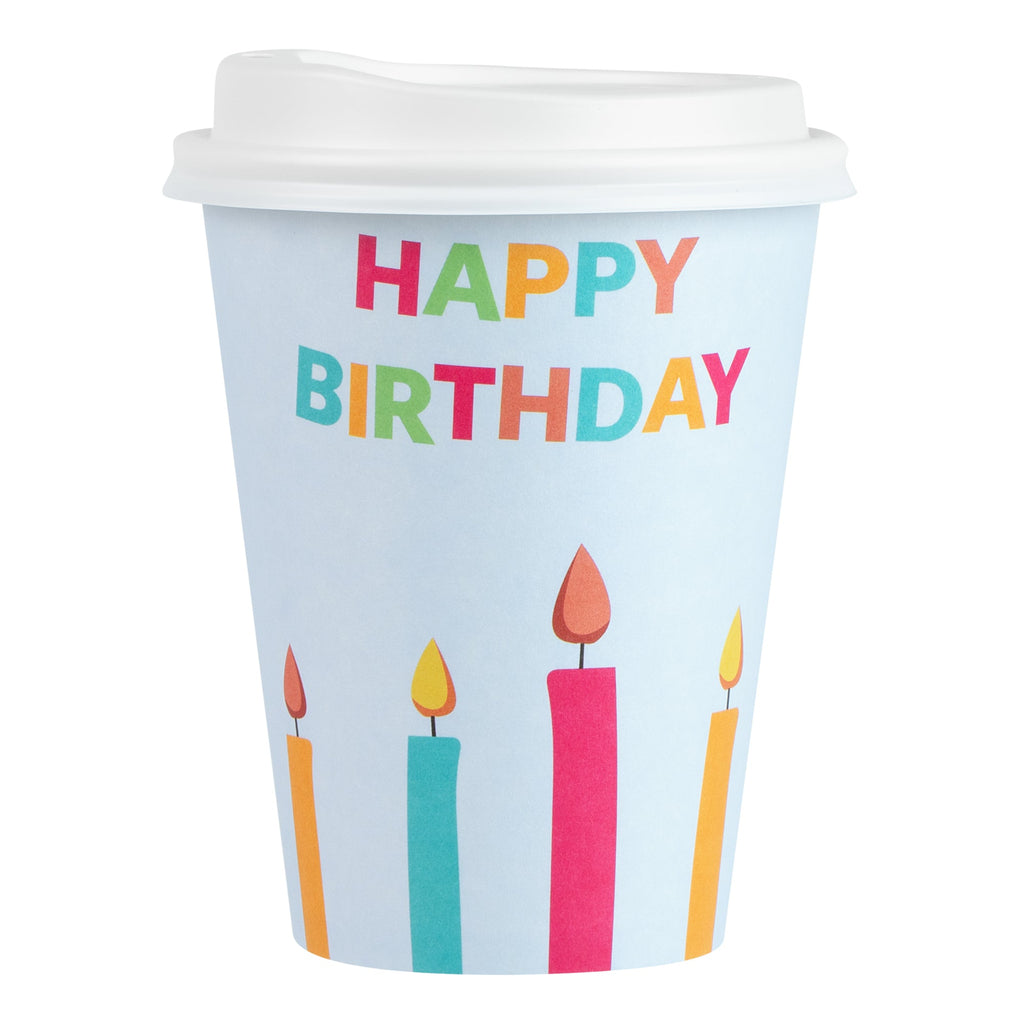 Restpresso 12 oz Happy Birthday Paper Single Wall Coffee Cup - with White Lid - 3 1/2" x 3 1/2" x 4 3/4" - 400 count box