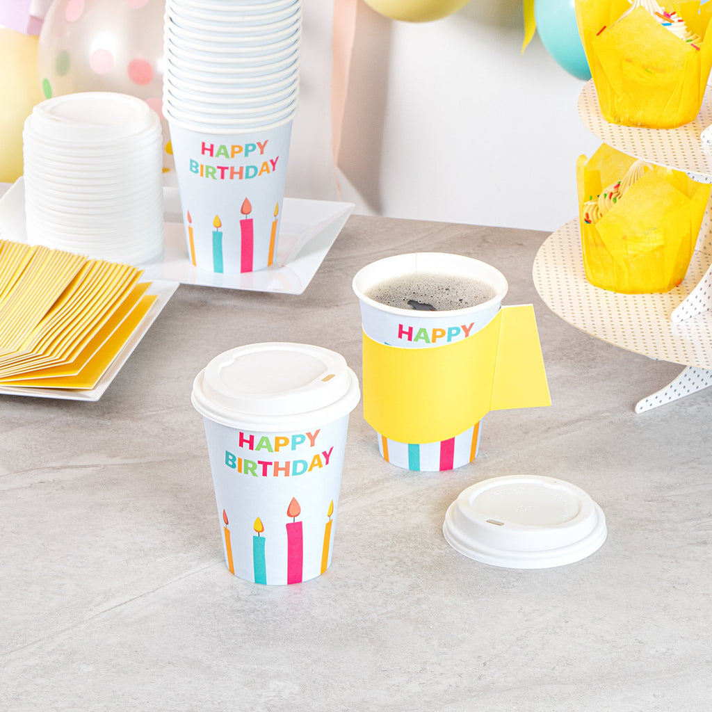 Restpresso 12 oz Happy Birthday Paper Single Wall Coffee Cup - with White Lid - 3 1/2" x 3 1/2" x 4 3/4" - 400 count box