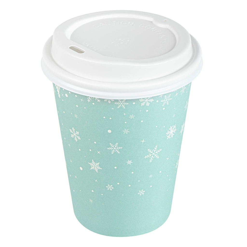 Restpresso 12 oz Blue Christmas Snowflakes Paper Single Wall Coffee Cup - with White Lid - 3 1/2" x 3 1/2" x 4 3/4" - 20 count box