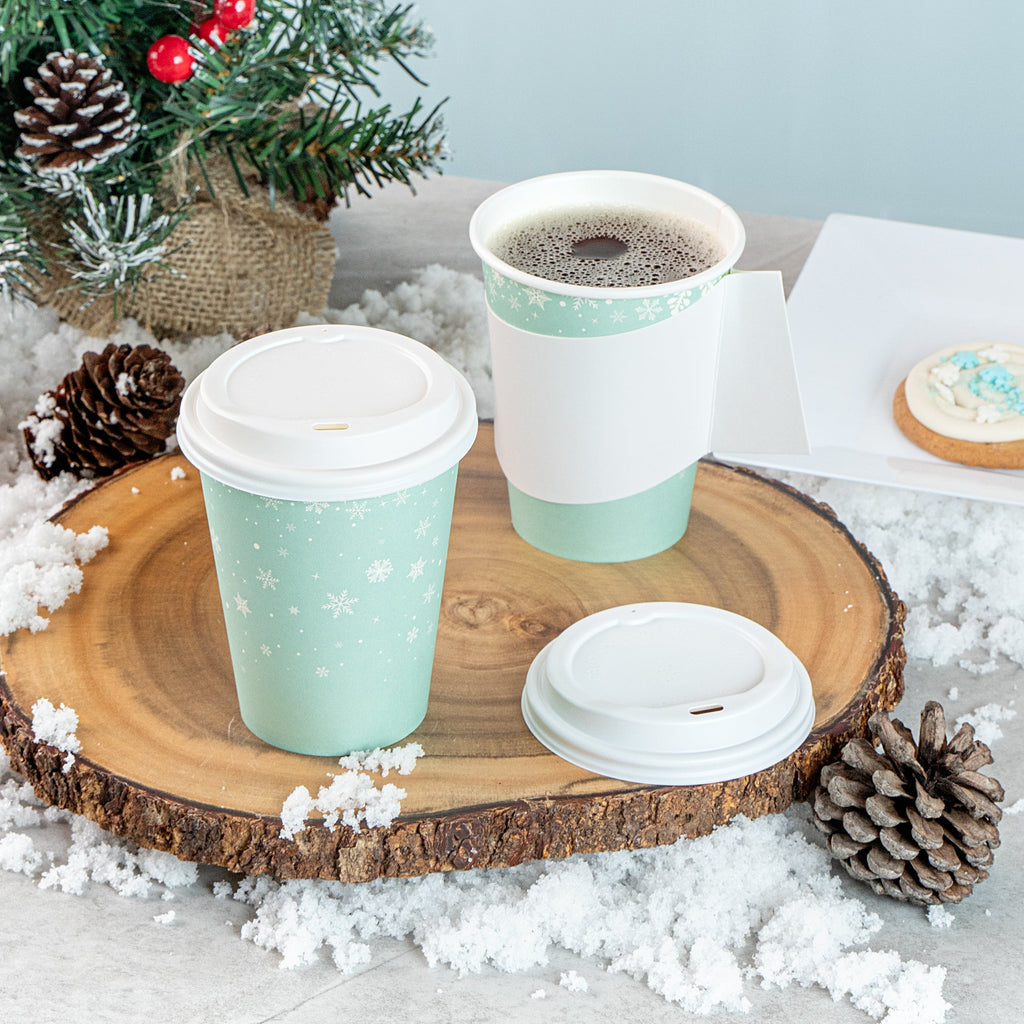 Restpresso 12 oz Blue Christmas Snowflakes Paper Single Wall Coffee Cup - with White Lid - 3 1/2" x 3 1/2" x 4 3/4" - 20 count box