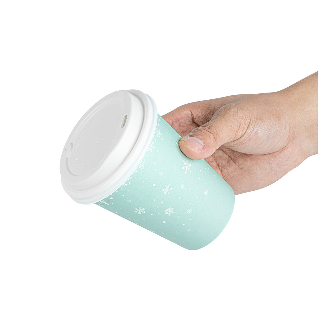 Restpresso 12 oz Blue Christmas Snowflakes Paper Single Wall Coffee Cup - with White Lid - 3 1/2" x 3 1/2" x 4 3/4" - 20 count box