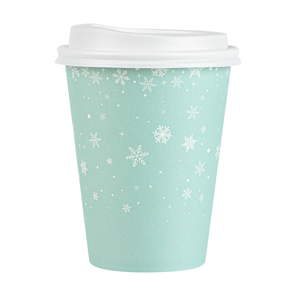 Restpresso 12 oz Blue Christmas Snowflakes Paper Single Wall Coffee Cup - with White Lid - 3 1/2" x 3 1/2" x 4 3/4" - 20 count box