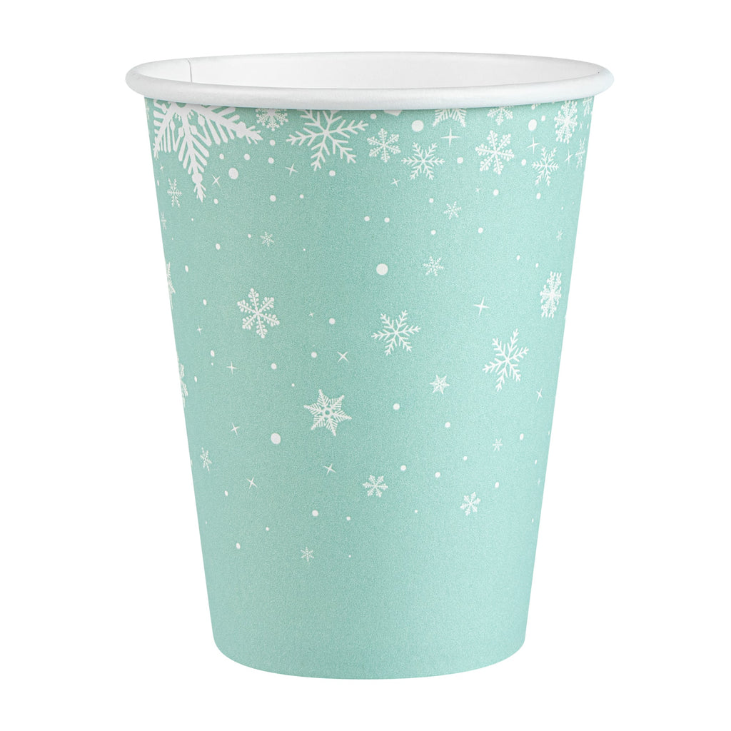 Restpresso 12 oz Blue Christmas Snowflakes Paper Single Wall Coffee Cup - with White Lid - 3 1/2" x 3 1/2" x 4 3/4" - 20 count box