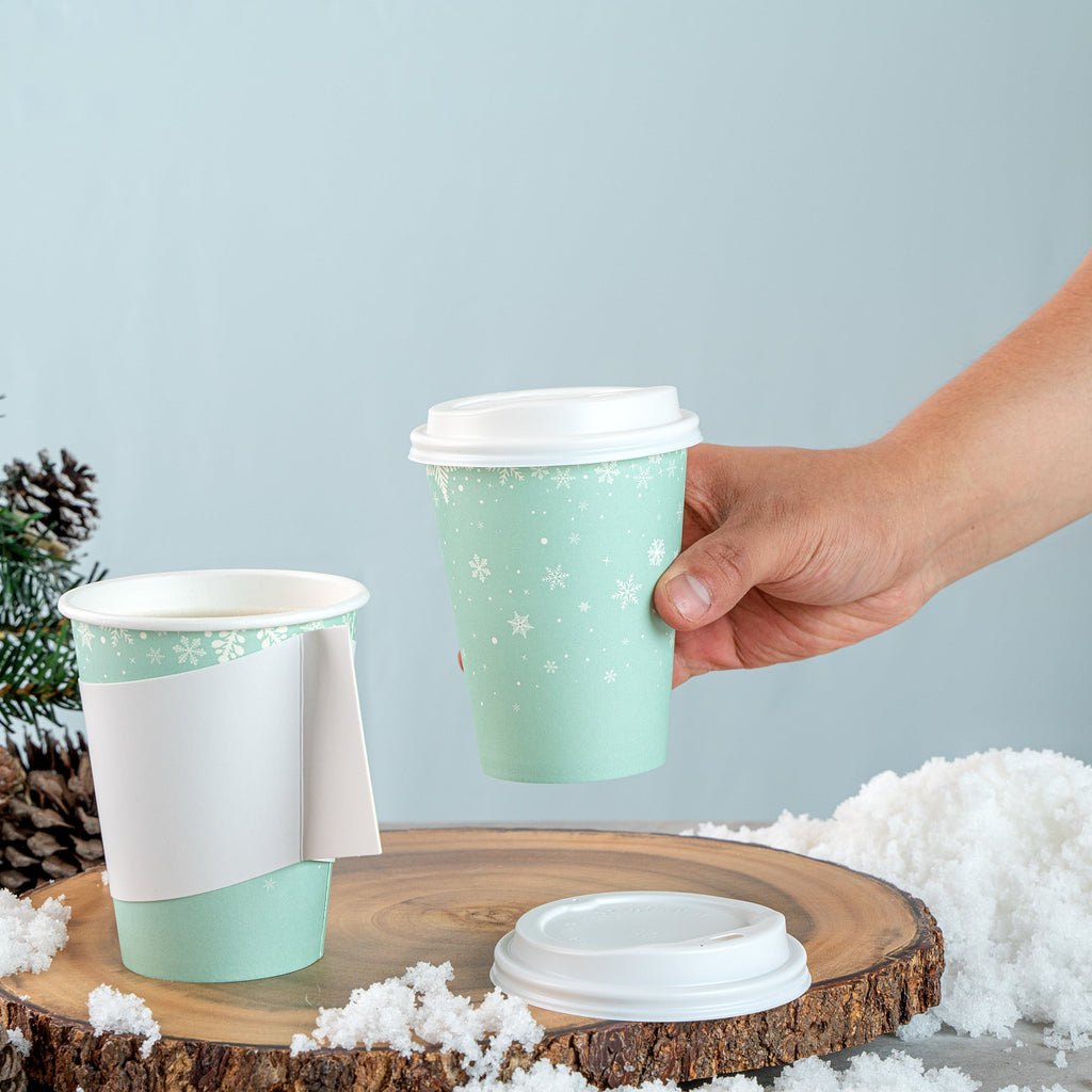 Restpresso 12 oz Blue Christmas Snowflakes Paper Single Wall Coffee Cup - with White Lid - 3 1/2" x 3 1/2" x 4 3/4" - 20 count box