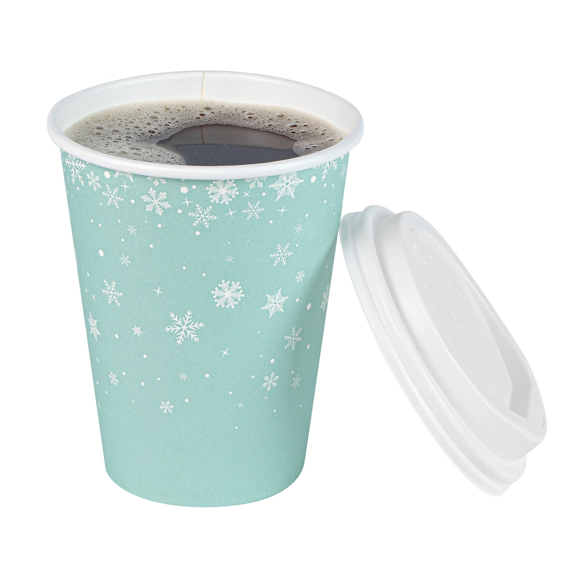 Restpresso 12 oz Blue Christmas Snowflakes Paper Single Wall Coffee Cup - with White Lid - 3 1/2" x 3 1/2" x 4 3/4" - 400 count box