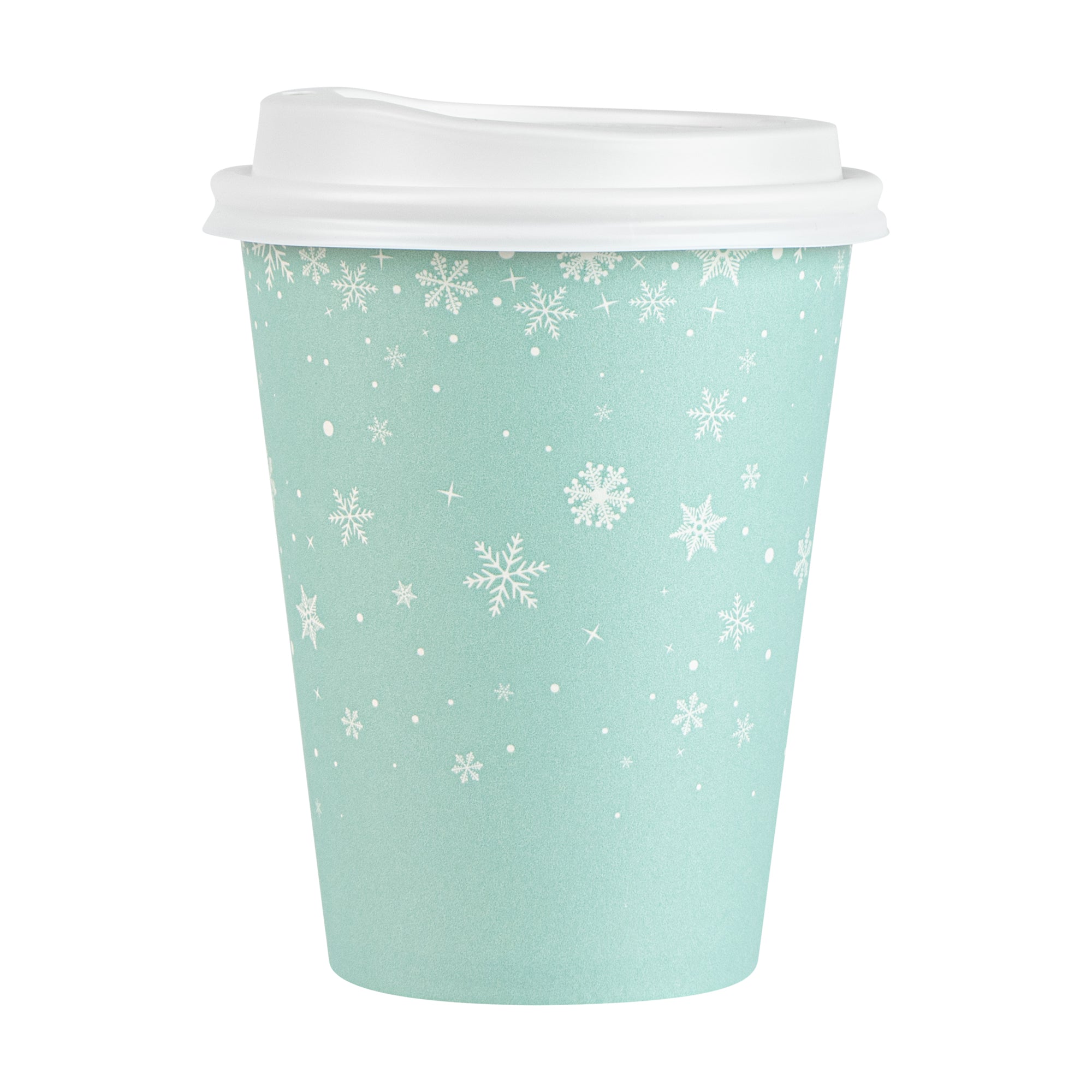 Restpresso 12 oz Blue Christmas Snowflakes Paper Single Wall Coffee Cup - with White Lid - 3 1/2" x 3 1/2" x 4 3/4" - 400 count box