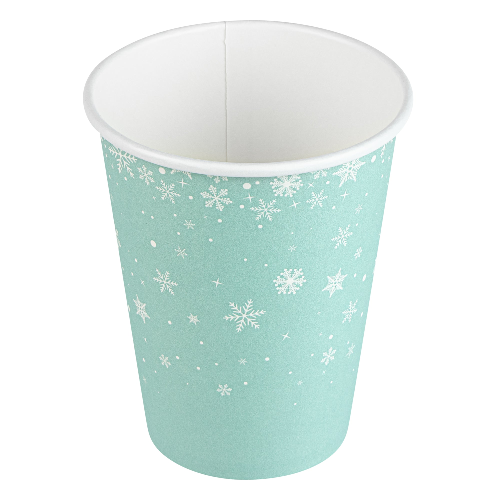 Restpresso 12 oz Blue Christmas Snowflakes Paper Single Wall Coffee Cup - with White Lid - 3 1/2" x 3 1/2" x 4 3/4" - 400 count box