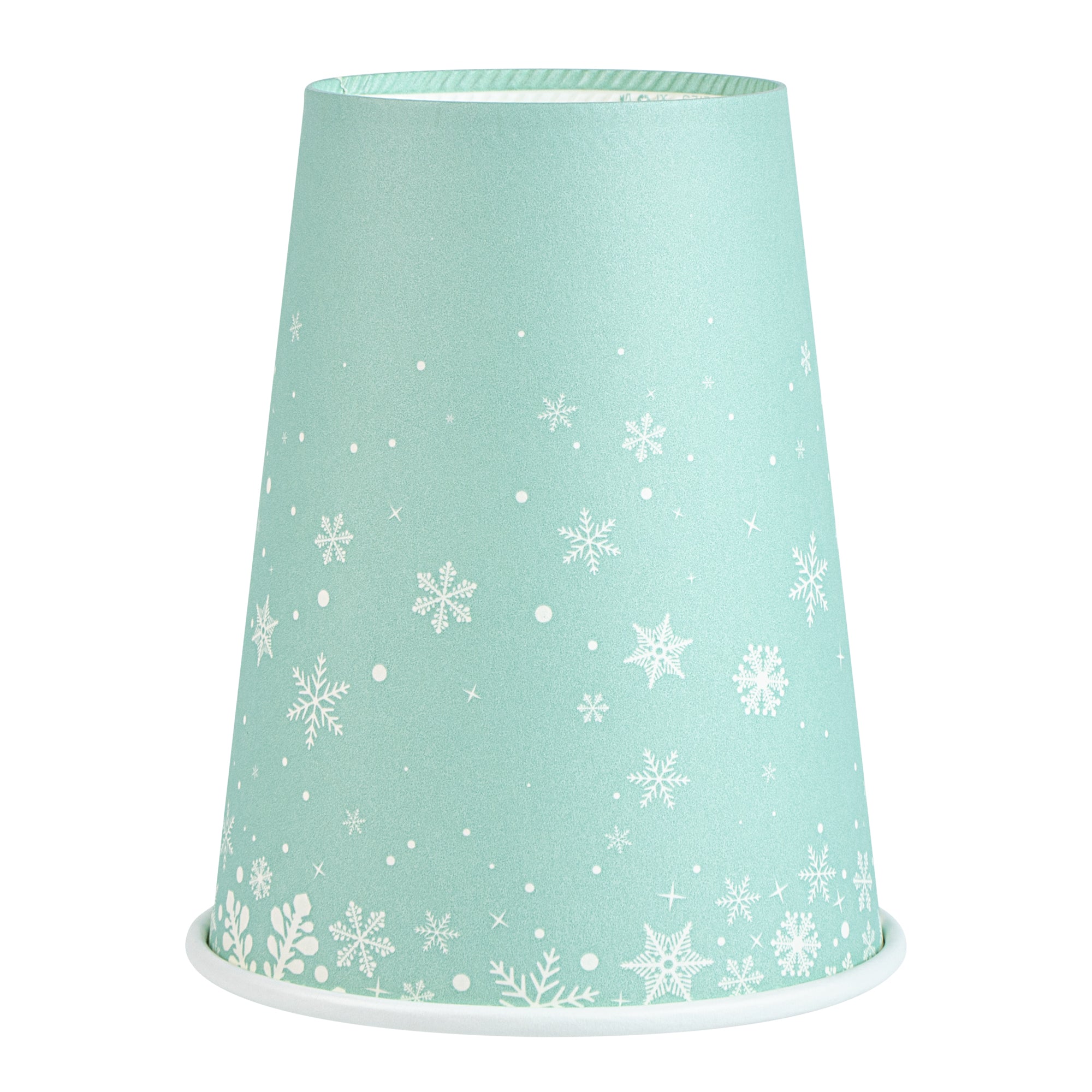 Restpresso 12 oz Blue Christmas Snowflakes Paper Single Wall Coffee Cup - with White Lid - 3 1/2" x 3 1/2" x 4 3/4" - 400 count box
