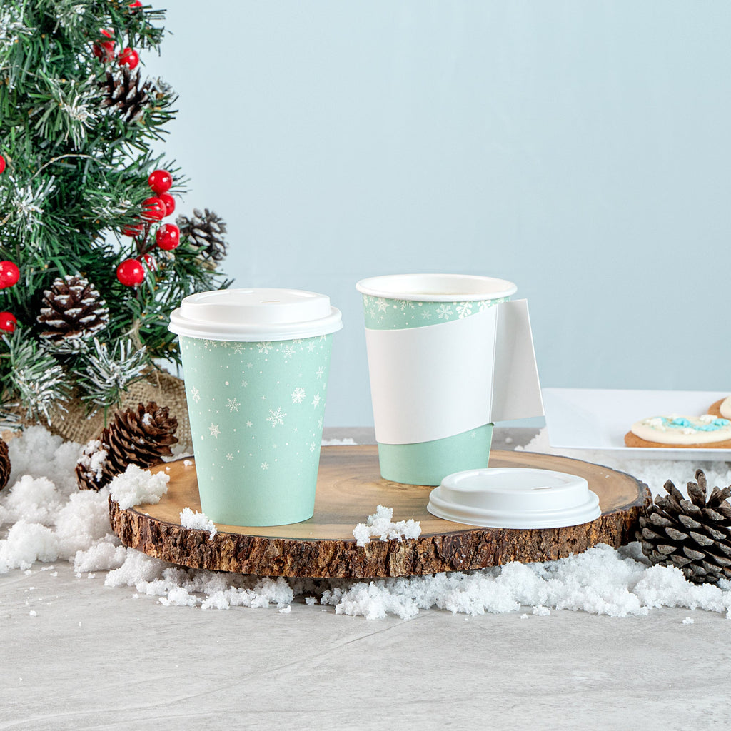 Restpresso 12 oz Blue Christmas Snowflakes Paper Single Wall Coffee Cup - with White Lid - 3 1/2" x 3 1/2" x 4 3/4" - 400 count box