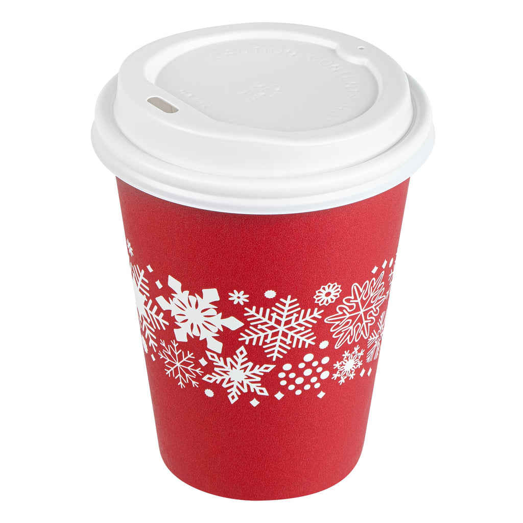 Restpresso 12 oz Red Christmas Snowflakes Paper Single Wall Coffee Cup - with White Lid - 3 1/2" x 3 1/2" x 4 3/4" - 20 count box