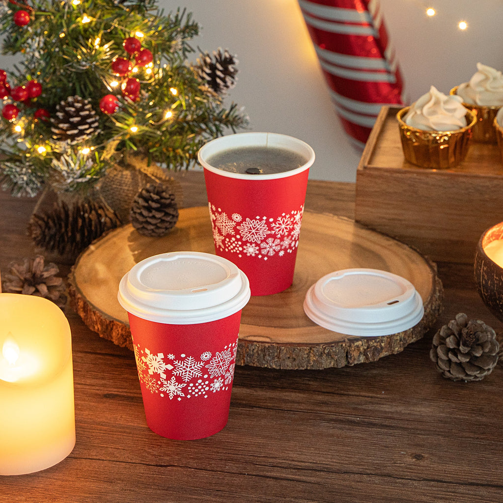 Restpresso 12 oz Red Christmas Snowflakes Paper Single Wall Coffee Cup - with White Lid - 3 1/2" x 3 1/2" x 4 3/4" - 20 count box