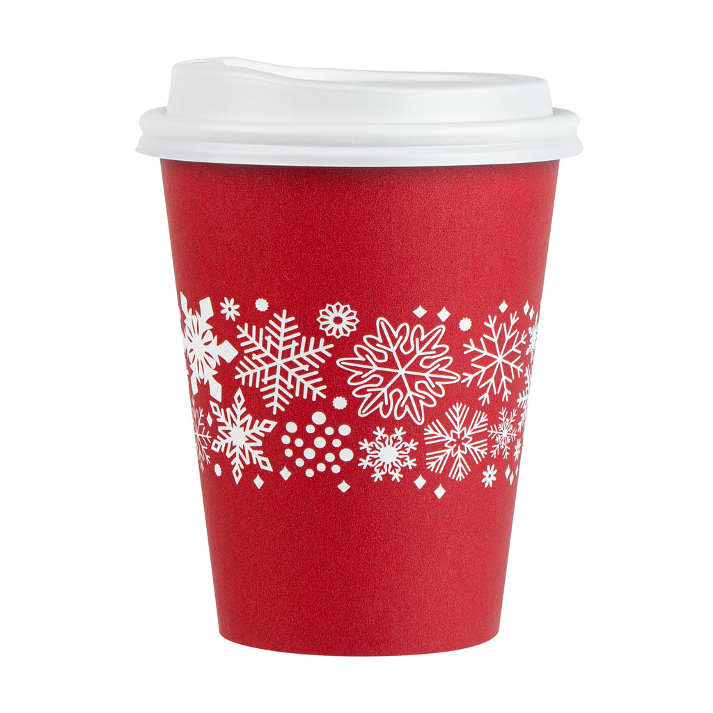 Restpresso 12 oz Red Christmas Snowflakes Paper Single Wall Coffee Cup - with White Lid - 3 1/2" x 3 1/2" x 4 3/4" - 20 count box