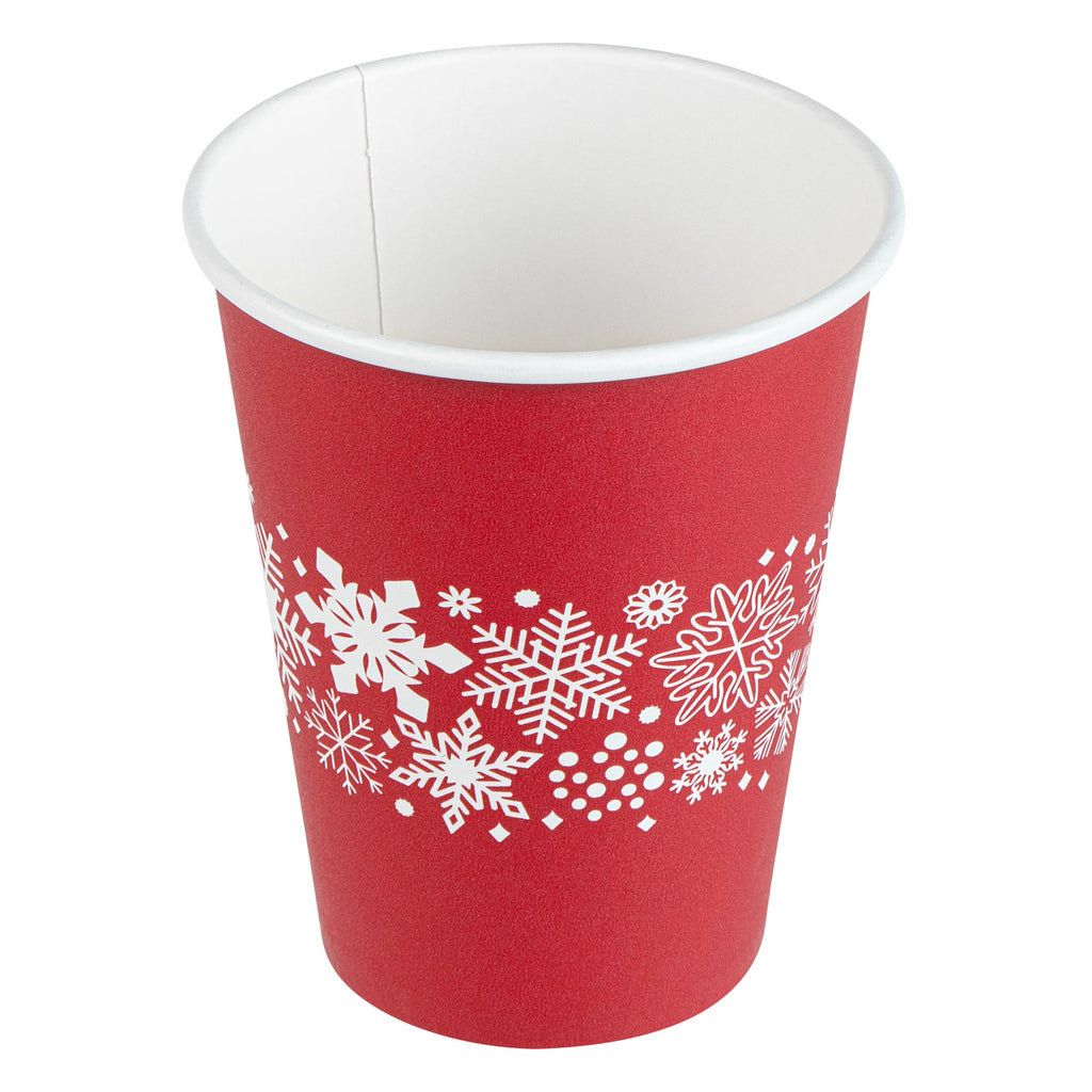 Restpresso 12 oz Red Christmas Snowflakes Paper Single Wall Coffee Cup - with White Lid - 3 1/2" x 3 1/2" x 4 3/4" - 20 count box