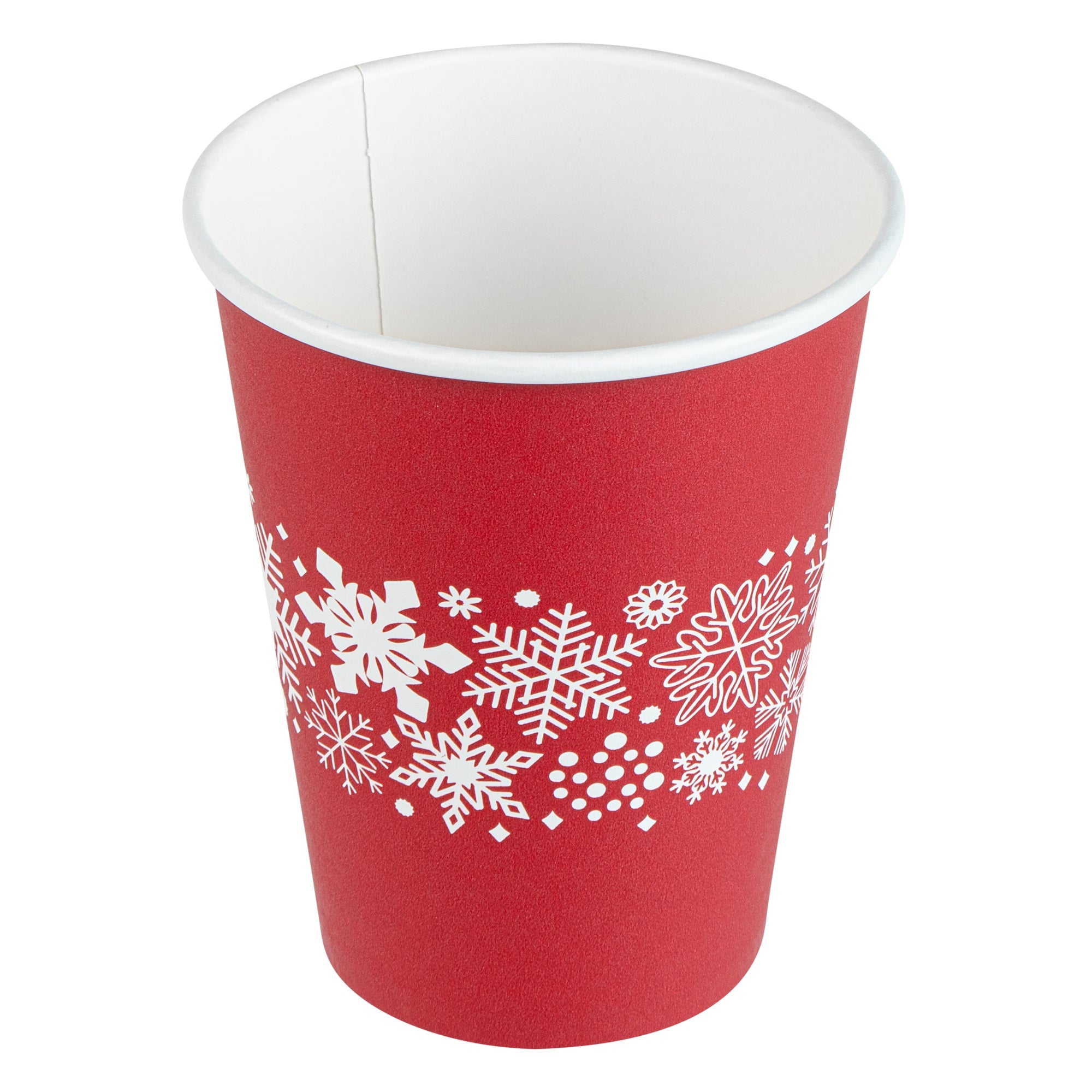 Restpresso 12 oz Red Christmas Snowflakes Paper Single Wall Coffee Cup - with White Lid - 3 1/2" x 3 1/2" x 4 3/4" - 20 count box