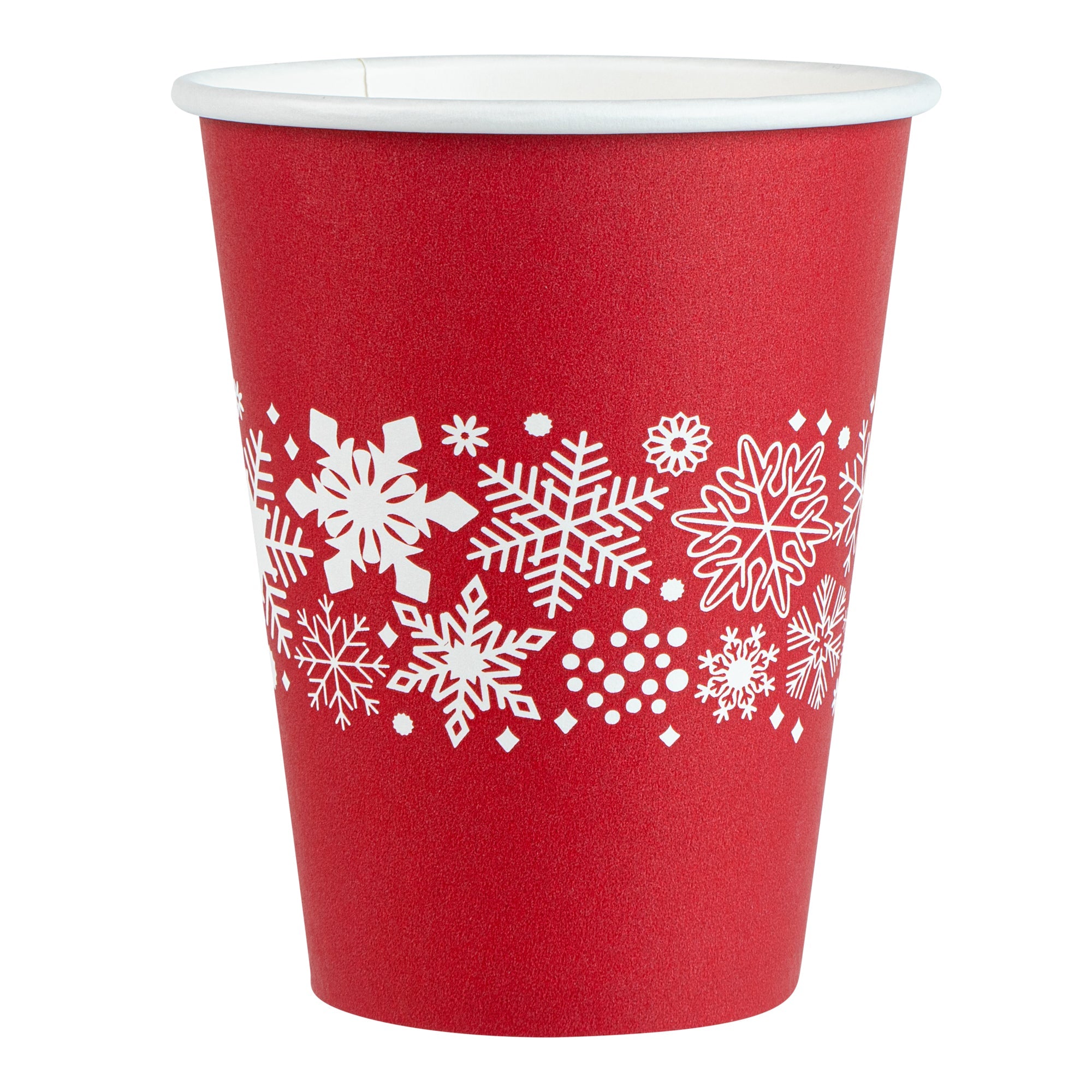 Restpresso 12 oz Red Christmas Snowflakes Paper Single Wall Coffee Cup - with White Lid - 3 1/2" x 3 1/2" x 4 3/4" - 20 count box