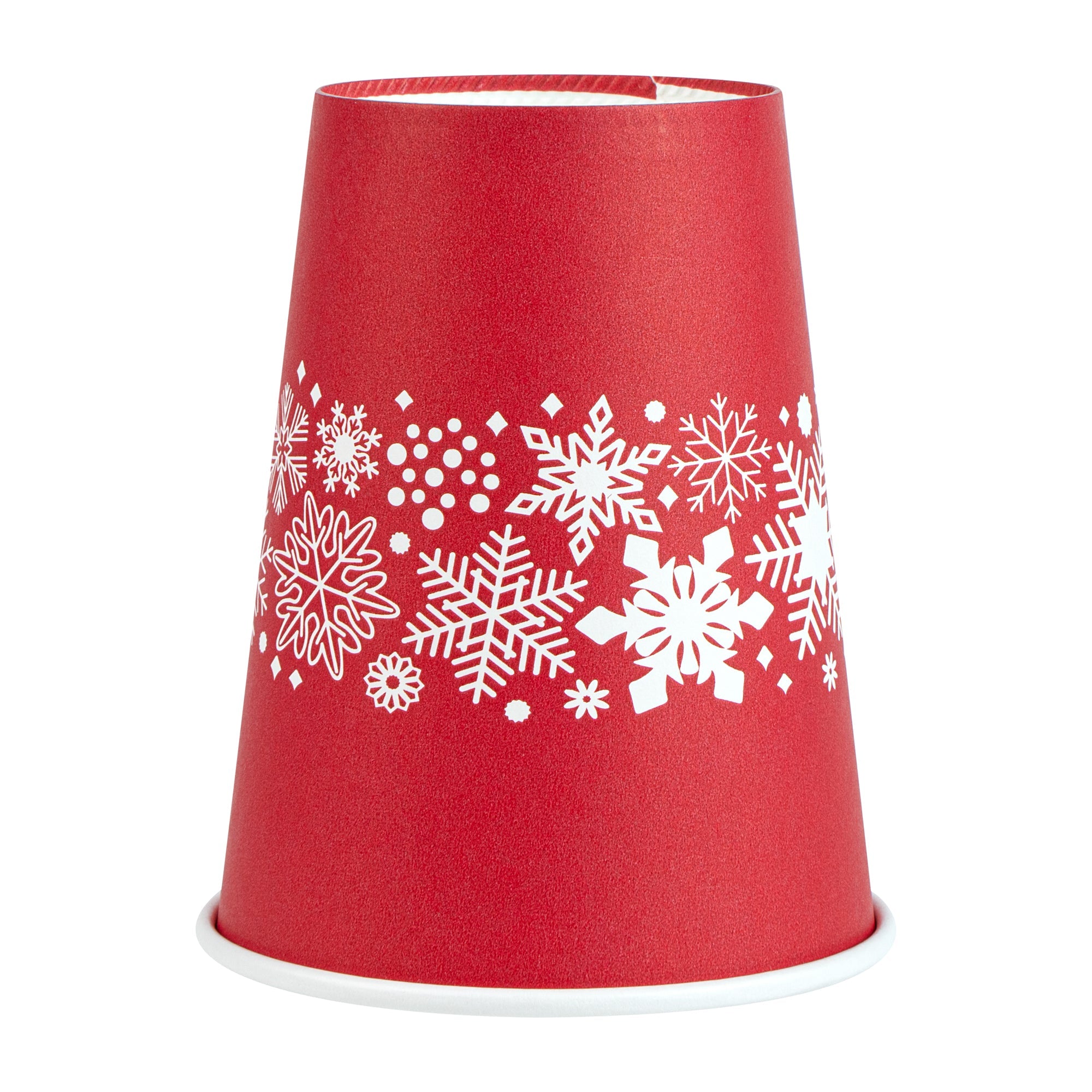Restpresso 12 oz Red Christmas Snowflakes Paper Single Wall Coffee Cup - with White Lid - 3 1/2" x 3 1/2" x 4 3/4" - 20 count box