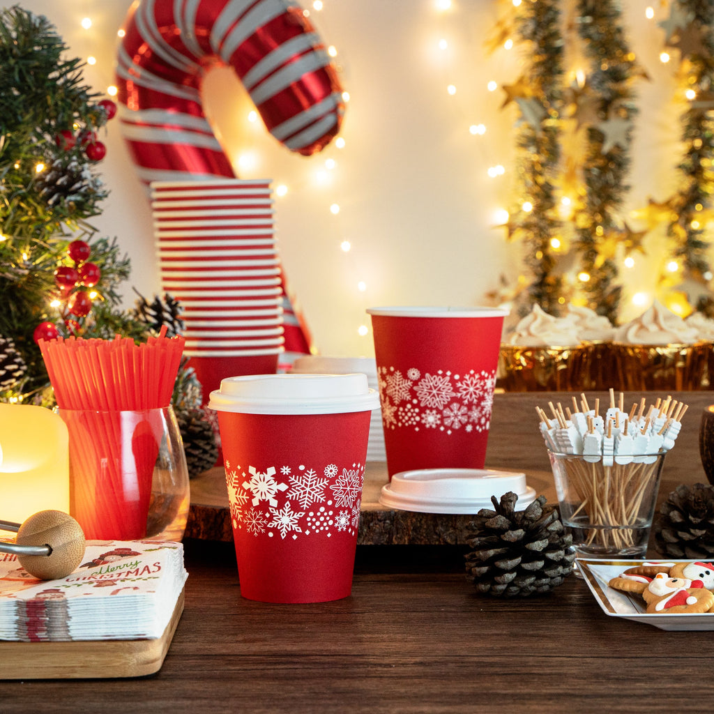 Restpresso 12 oz Red Christmas Snowflakes Paper Single Wall Coffee Cup - with White Lid - 3 1/2" x 3 1/2" x 4 3/4" - 20 count box