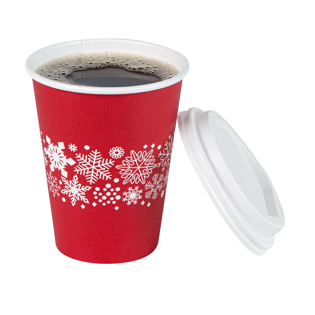 Restpresso 12 oz Red Christmas Snowflakes Paper Single Wall Coffee Cup - with White Lid - 3 1/2" x 3 1/2" x 4 3/4" - 400 count box