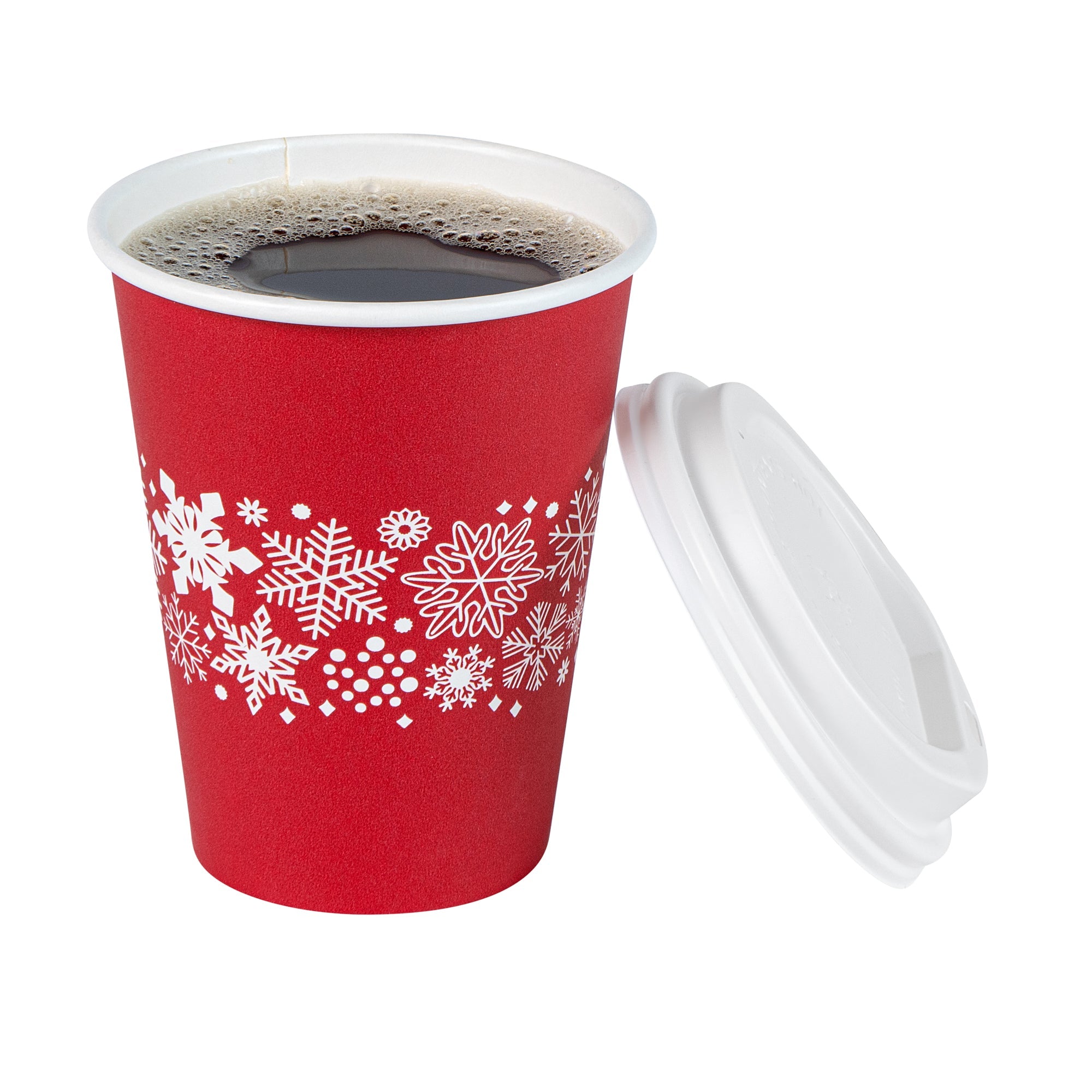 Restpresso 12 oz Red Christmas Snowflakes Paper Single Wall Coffee Cup - with White Lid - 3 1/2" x 3 1/2" x 4 3/4" - 400 count box