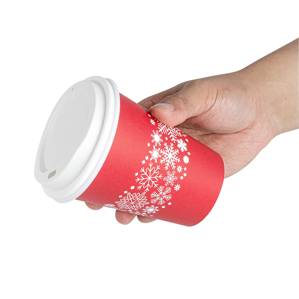 Restpresso 12 oz Red Christmas Snowflakes Paper Single Wall Coffee Cup - with White Lid - 3 1/2" x 3 1/2" x 4 3/4" - 400 count box