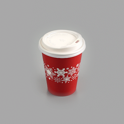 Restpresso 12 oz Red Christmas Snowflakes Paper Single Wall Coffee Cup - with White Lid - 3 1/2" x 3 1/2" x 4 3/4" - 400 count box