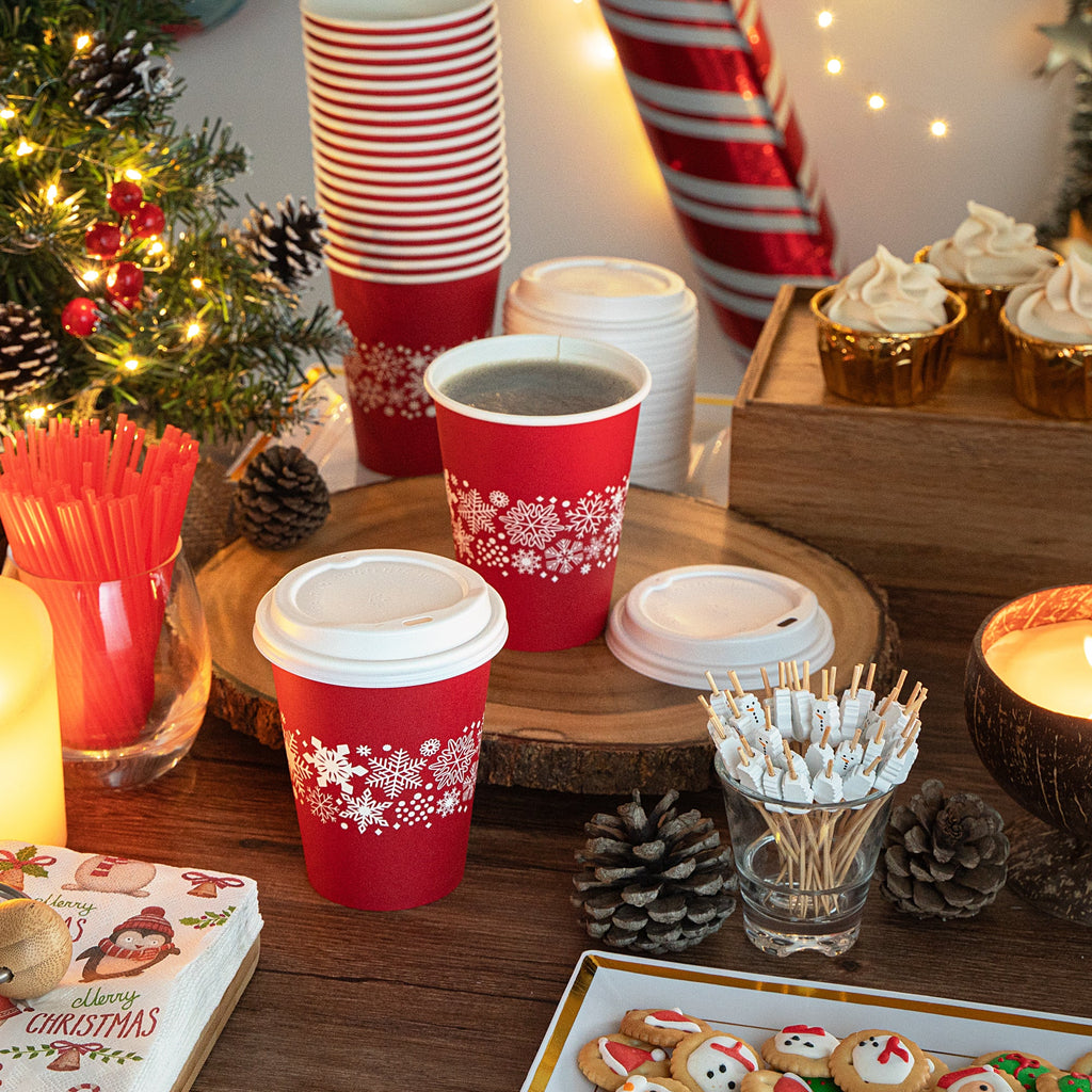 Restpresso 12 oz Red Christmas Snowflakes Paper Single Wall Coffee Cup - with White Lid - 3 1/2" x 3 1/2" x 4 3/4" - 400 count box