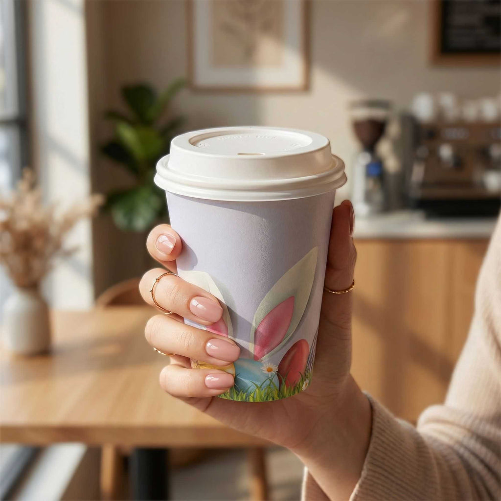 Restpresso 12 oz Easter Paper Single Wall Coffee Cup - with White Lid - 3 1/2" x 3 1/2" x 4 3/4" - 400 count box