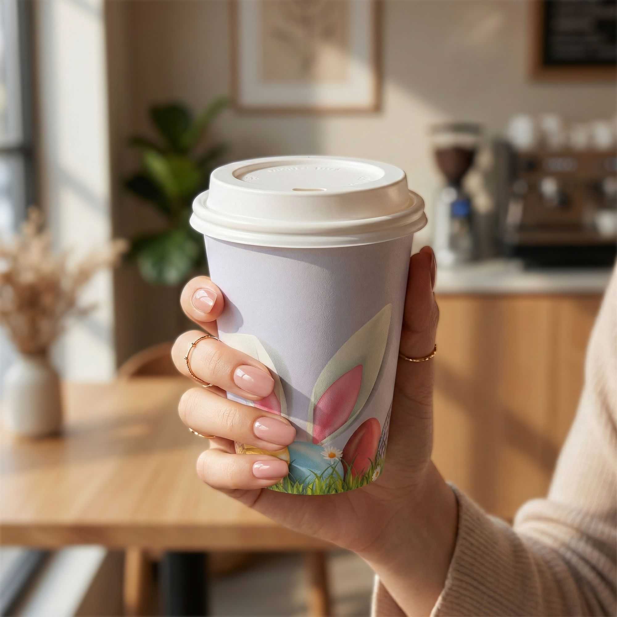Restpresso 12 oz Easter Paper Single Wall Coffee Cup - with White Lid - 3 1/2" x 3 1/2" x 4 3/4" - 400 count box