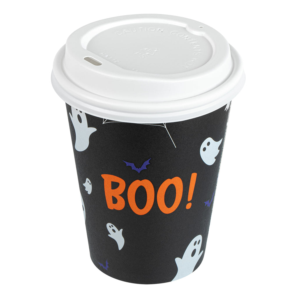 Restpresso 12 oz Halloween Paper Single Wall Coffee Cup - with White Lid - 3 1/2" x 3 1/2" x 4 3/4" - 20 count box