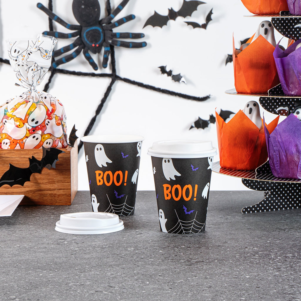 Restpresso 12 oz Halloween Paper Single Wall Coffee Cup - with White Lid - 3 1/2" x 3 1/2" x 4 3/4" - 20 count box