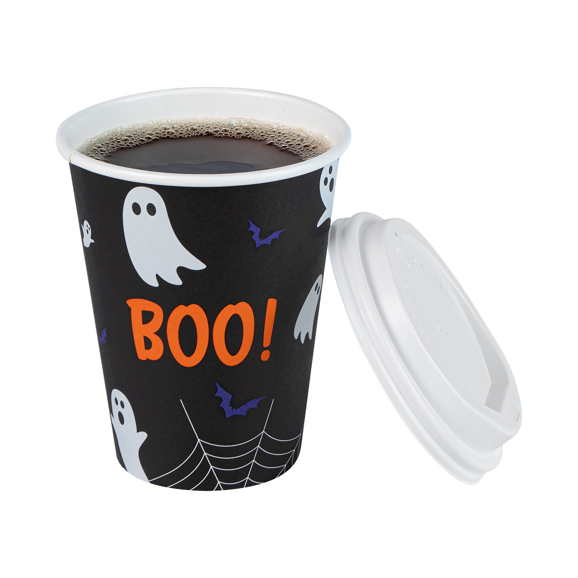 Restpresso 12 oz Halloween Paper Single Wall Coffee Cup - with White Lid - 3 1/2" x 3 1/2" x 4 3/4" - 20 count box